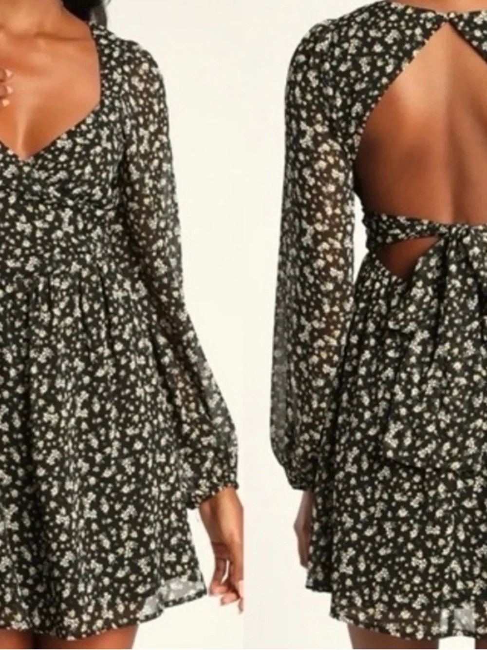 Lulu's Black Floral Backless Long-Sleeve Mini Dress - Picture 1 of 4